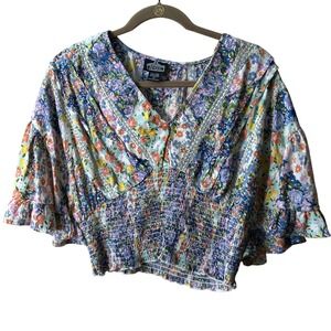 Angie Floral Print Smocked Crop Top Ruffle Sleeve Blouse Size L